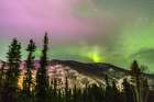 Alaska-Fairbanks Aurora borealis over mountain landscape Art Print